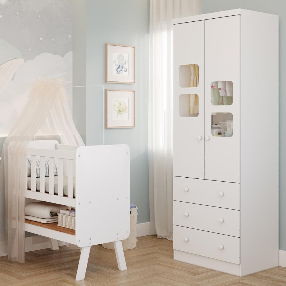 Quarto de Bebê Completo Mini Berço Faura Guarda Roupa Uli 2 Portas 3 Gavetas 100% MDF