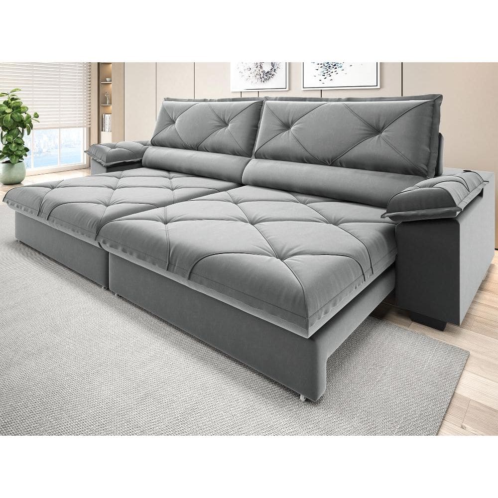 Sofá com Carregador USB e Molas no Assento Retrátil Reclinável Nice 2,90m Veludocristal - NETSOFAS