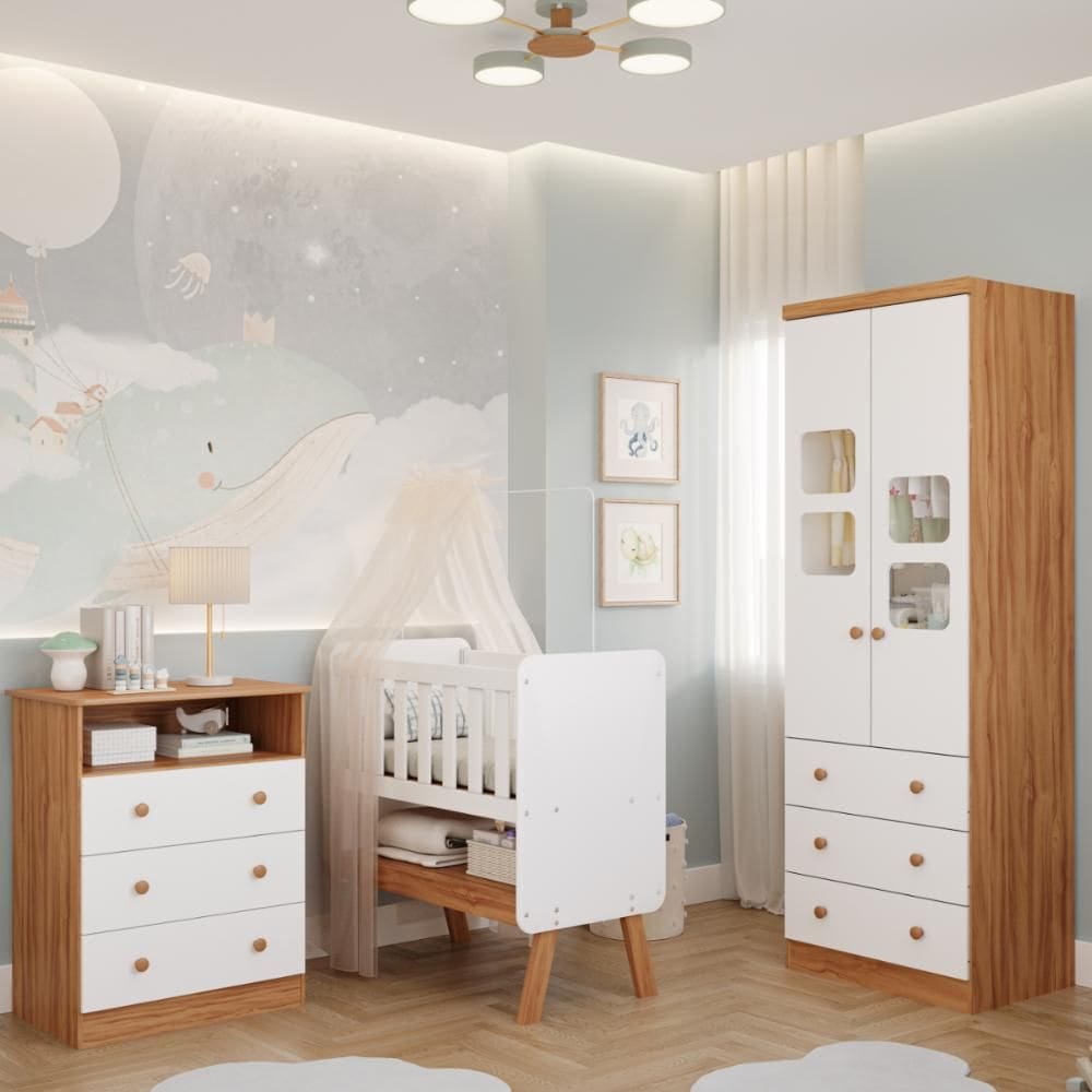 Quarto de Bebê Completo Mini Berço com Colchão Faura Guarda Roupas Uli Gaveteiro Smim 100% MDF