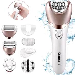 Kit Depilador Kemei 8001 Rosa/Branco Recarregável 5Em1