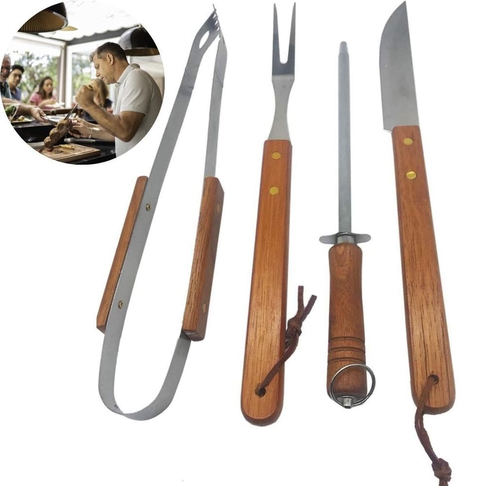 Conjunto Utensílios Churrasco 4 Peças Aço Inox Com Garantia