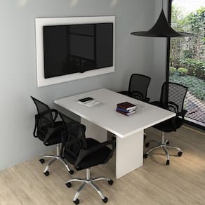 Kit com Mesa para Reunião 4 Lugares e Painel para Tv até 55 Polegadas Branco