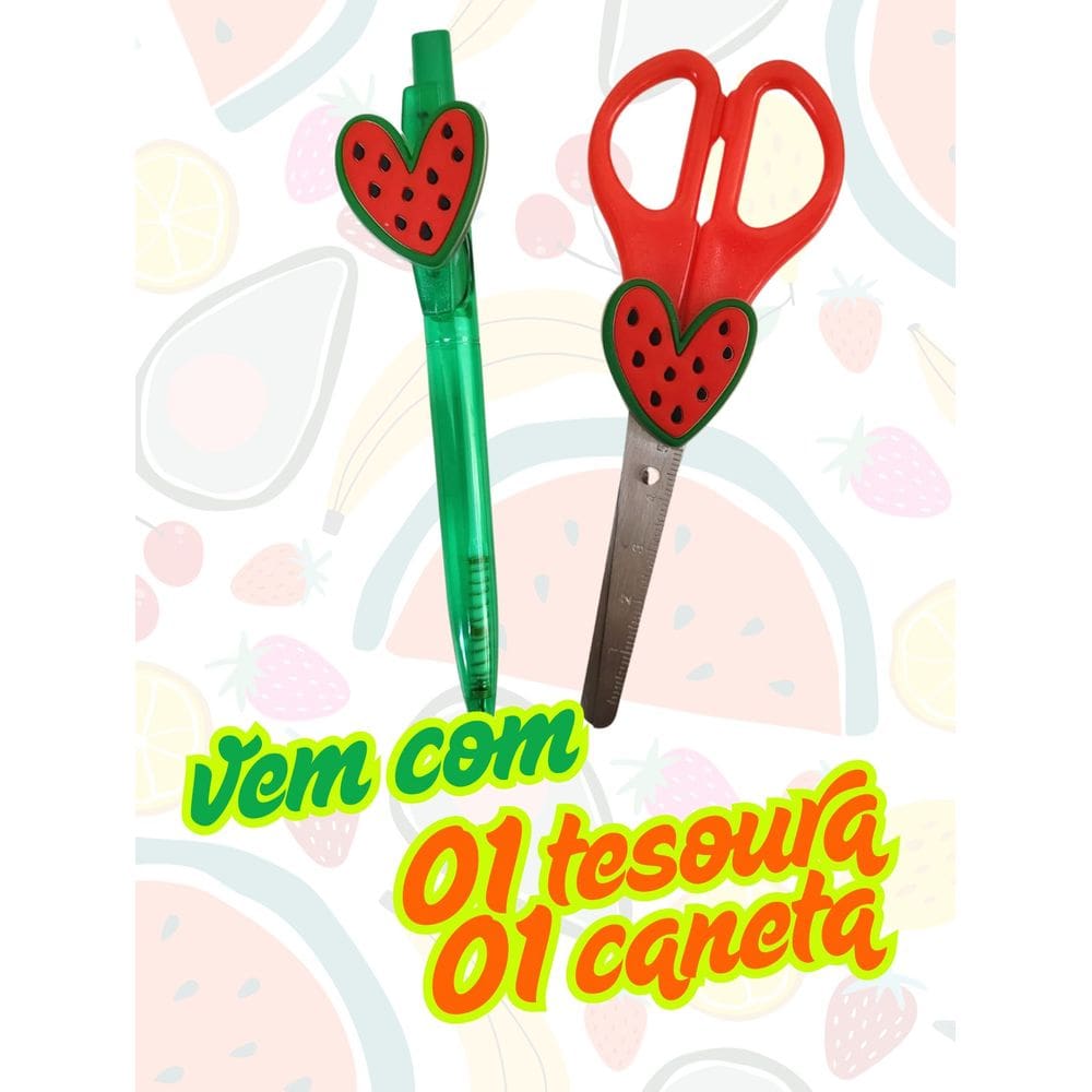 Kit Frutas tesoura sem ponta e caneta esferográfica azul abacate melancia cereja fofos enfermagem enfermeira frutinhas