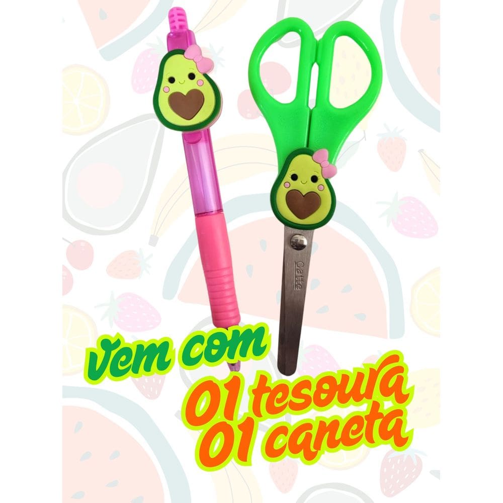 Kit Frutas tesoura sem ponta e caneta esferográfica azul abacate melancia cereja fofos enfermagem enfermeira frutinhas
