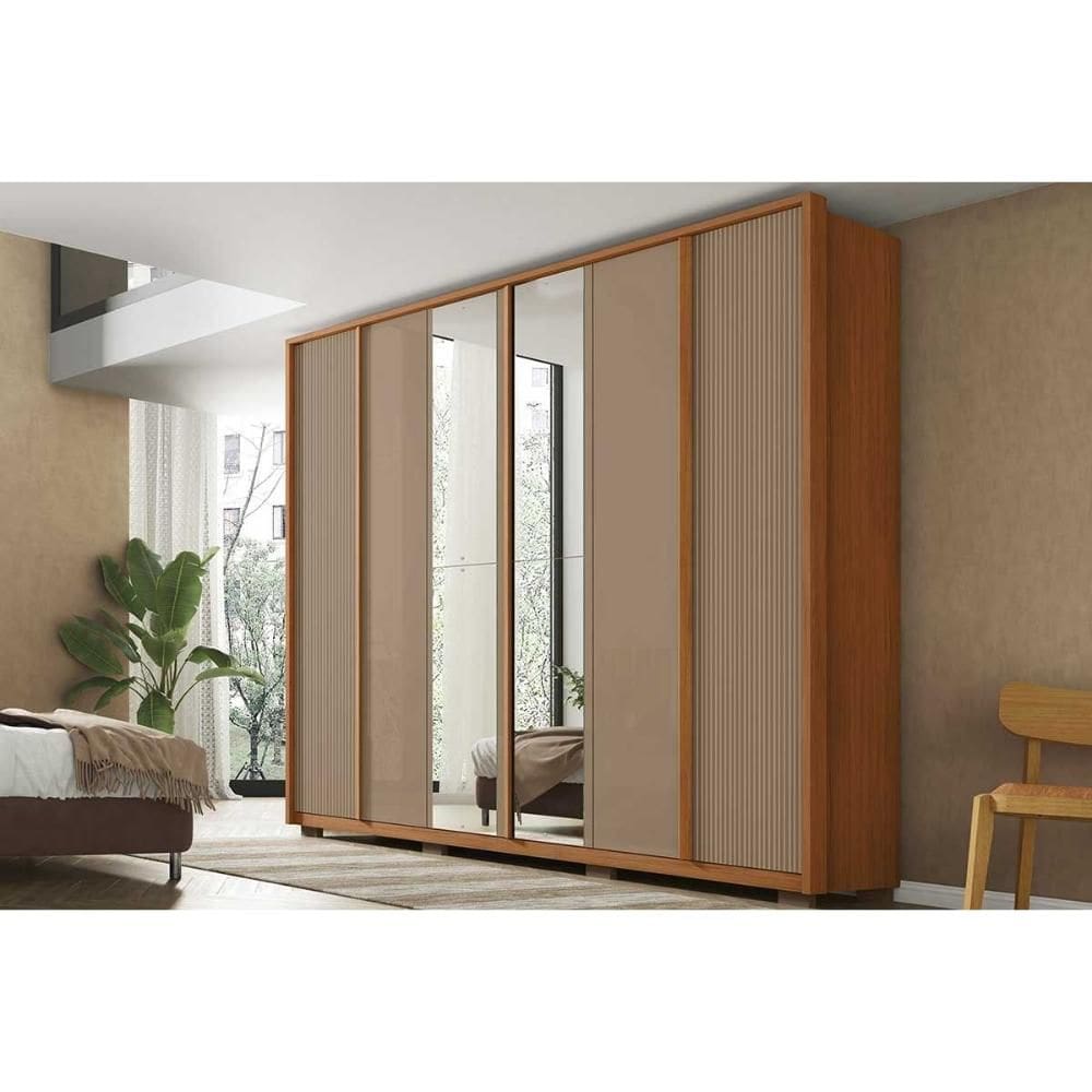 Guarda Roupa Casal 6 Portas (2 c/ Espelho) e 4 Gavetas Cleo Lux Freijo/Sued Mr - Caemmun