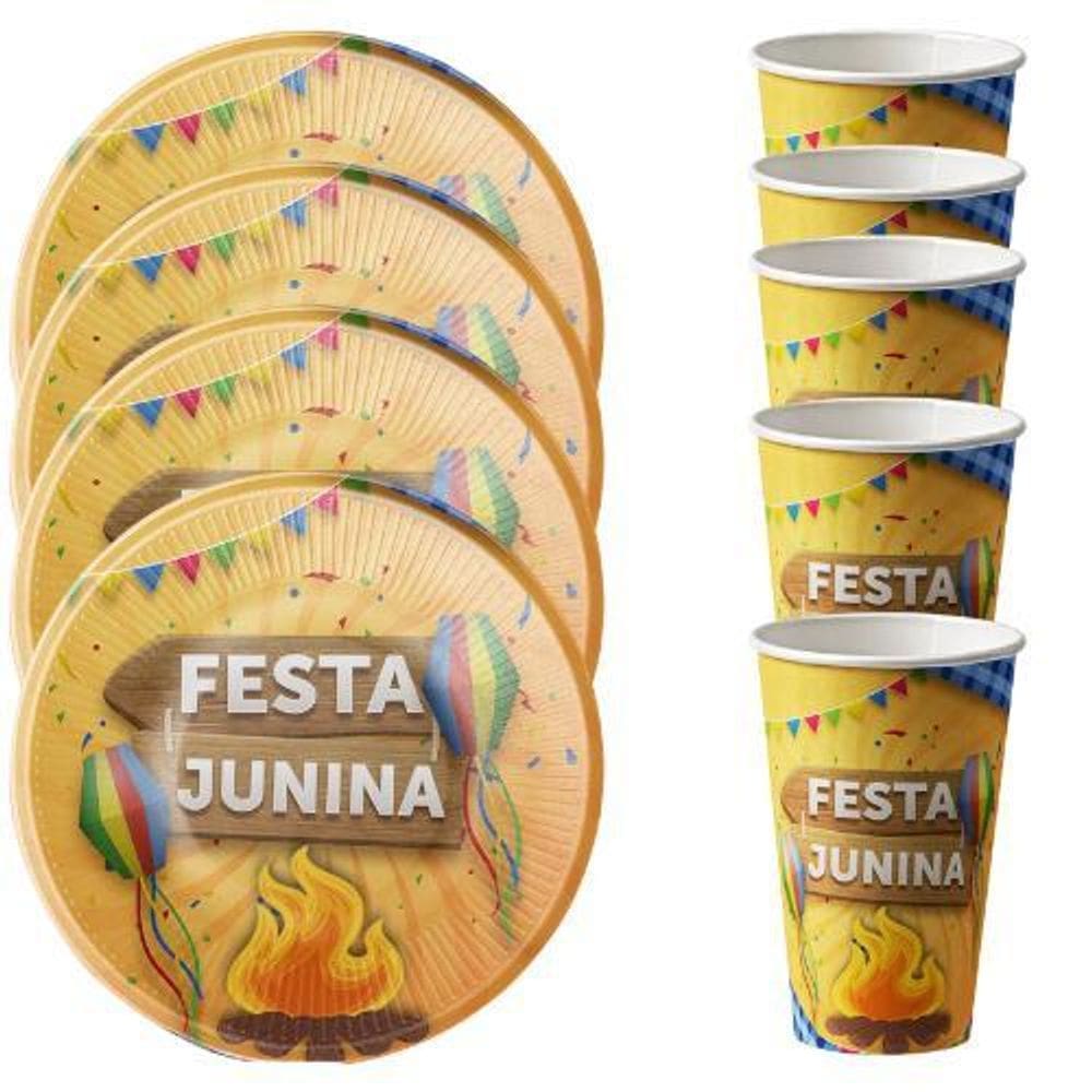 Kit 20 Convidados Pratos Copos Papel Festa Junina Decoração