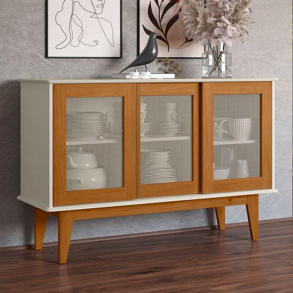 Balcão Buffet Tasmânia 3 Portas 3 Prateleiras Off White/Natural - Pnr Móveis