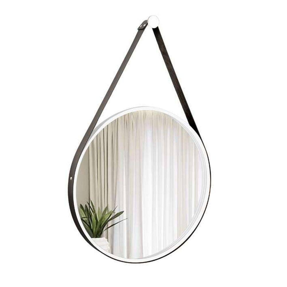 Espelho Decorativo Adnet Branco Alça Corino Preto 40 Cm