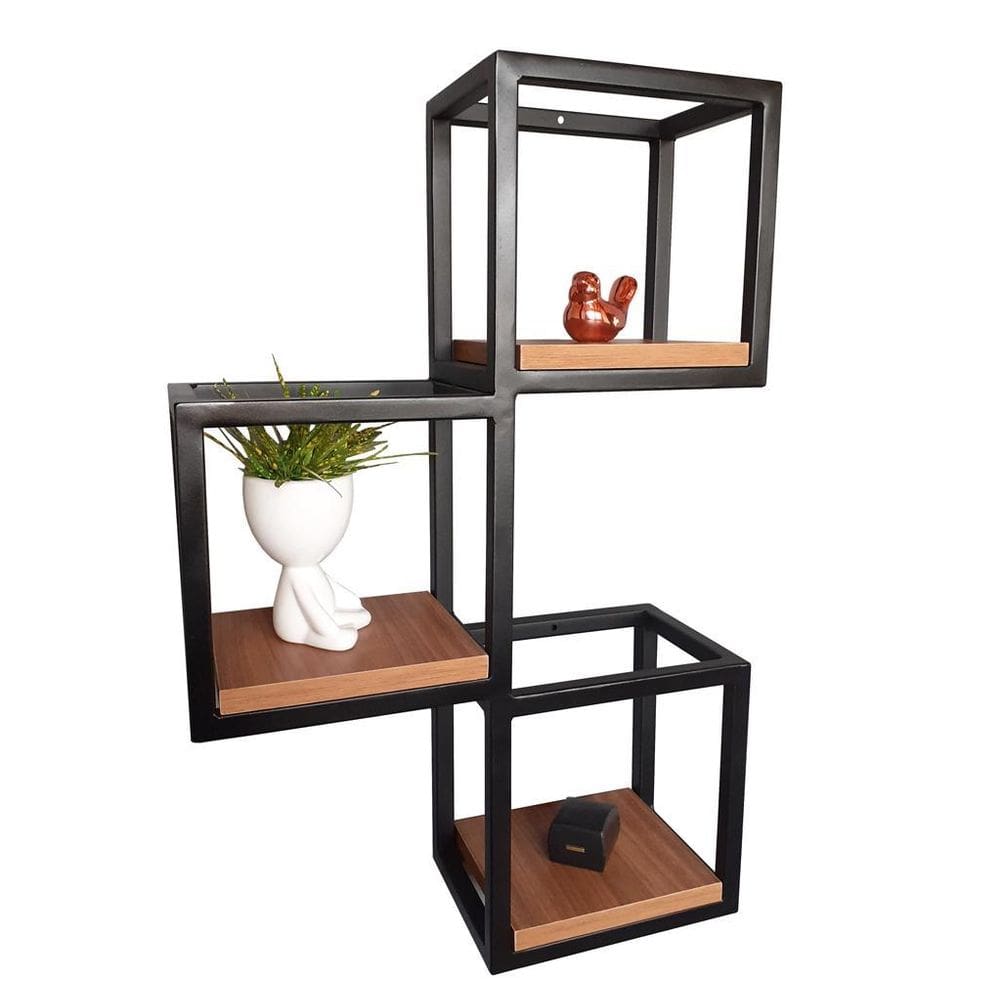 Suporte 3 Nichos Industrial De Parede Ferro E Mdf