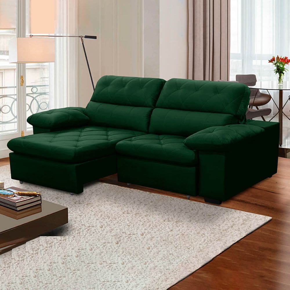 Sofa Retratil Reclinavel 2 Lugares 2,70m Crystal Veludo Verde LansofBR