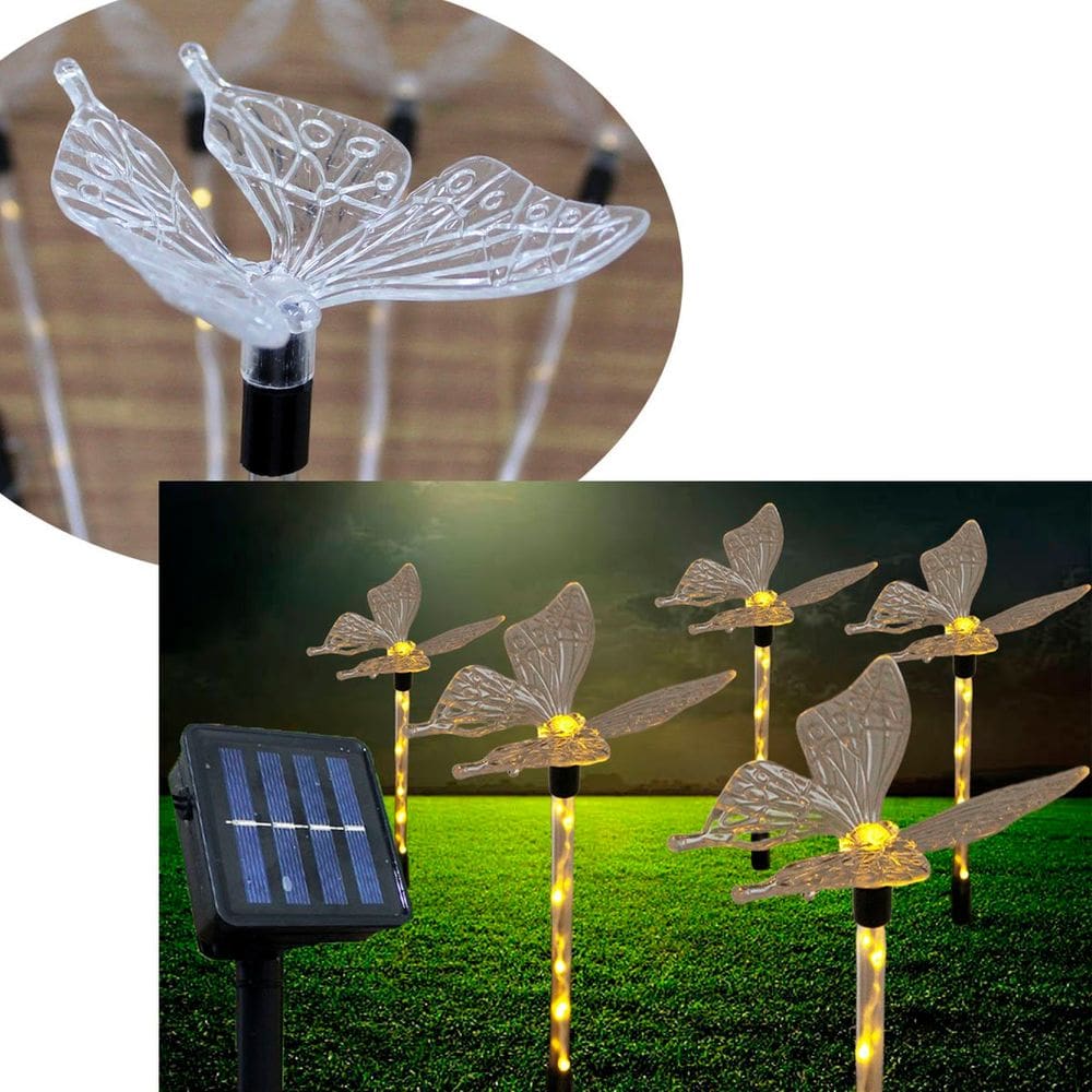 Pisca Solar Enfeite Borboleta LEDs Amarelo Natal Jardim 2,5m