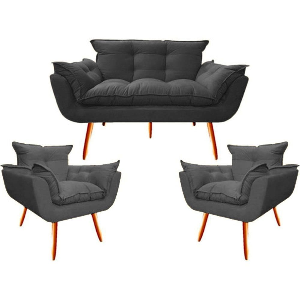 Namoradeira + 2 Poltronas Opalla Decorativa Reforçada Recepção Sala De Estar Suede