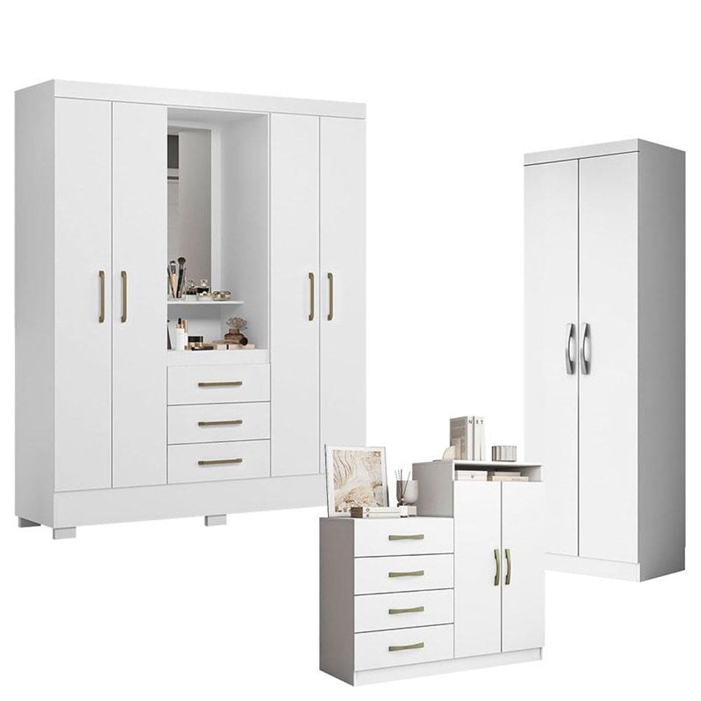 Guarda Roupa Solteiro Paris 2045150 com Armário Multiuso 2 Portas New 2000192 e Cômoda Sapateira Londres 2004142 Branco - Aramóveis