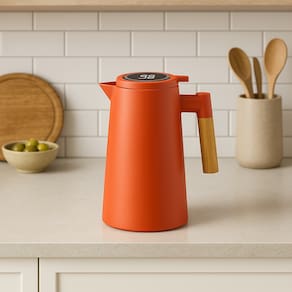 Garrafa Térmica Café Chá 1L com Termômetro e Alça de Madeira - Laranja