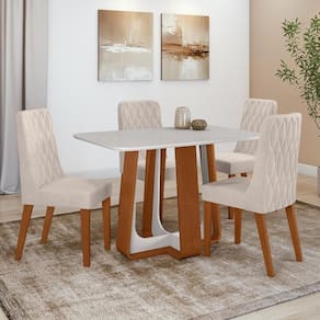 Conjunto Sala de Jantar Mesa Easy Pop 120x80cm Tampo Vidro/MDF com 4 Cadeiras Seat Boucle Bege Frassino/off White