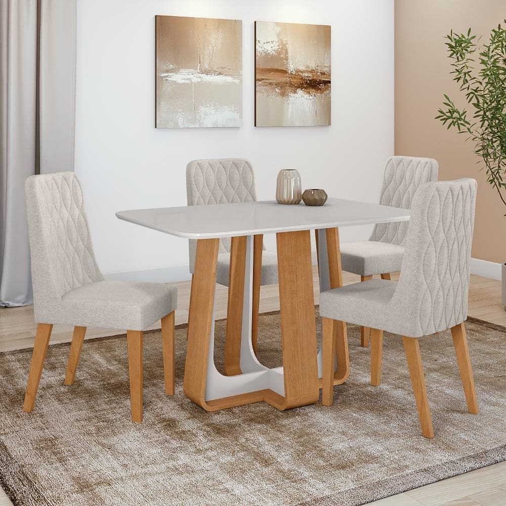 Conjunto Sala de Jantar Mesa Easy Pop 120x80cm Tampo Vidro/MDF com 4 Cadeiras Seat Linho Mosaico Cinza Amendoa Clean/off White