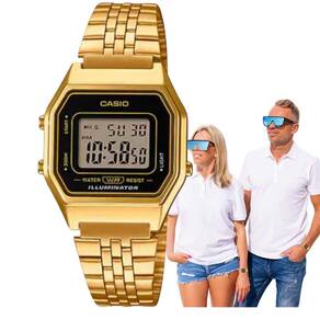 Relógio de Pulso Casio Illuminator Quadrado Feminino Masculino Vintage Pequeno Digital Resistente água 3 ATM Casual Dourado LA680WGA-1DF