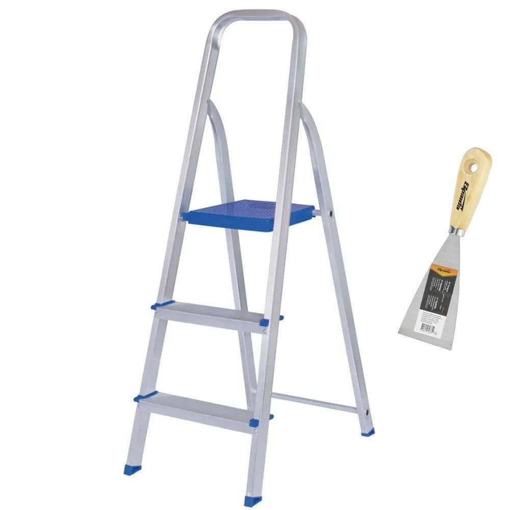 Escada Doméstica 3 Degraus em Alumínio Até 120 KG 5101 MOR com Espátula SPARTA