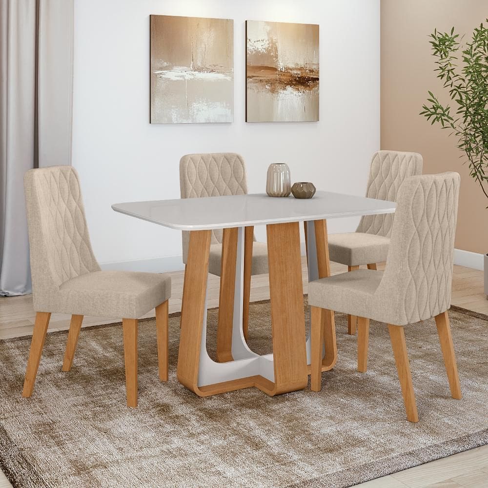 Conjunto Sala de Jantar Mesa Easy Pop 120x80cm Tampo Vidro/MDF com 4 Cadeiras Seat Linho Rinzai Bege Amendoa Clean/off White