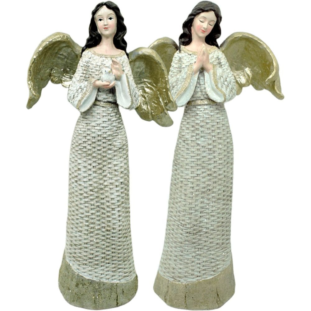 Dupla Anjos Decoração Em Resina Glitter Branco Natal De 38cm