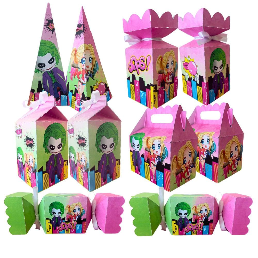 Kit 50 Caixinhas Coringa e Arlequina Lembrancinhas Decorativas Aniversário