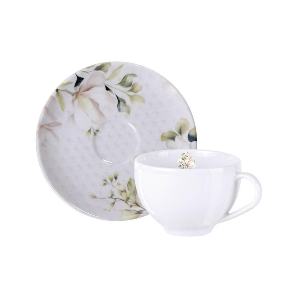 Conjunto Xícara e Pires de Chá Porcelana 250ml Tramontina Magnólia Branca Decorada