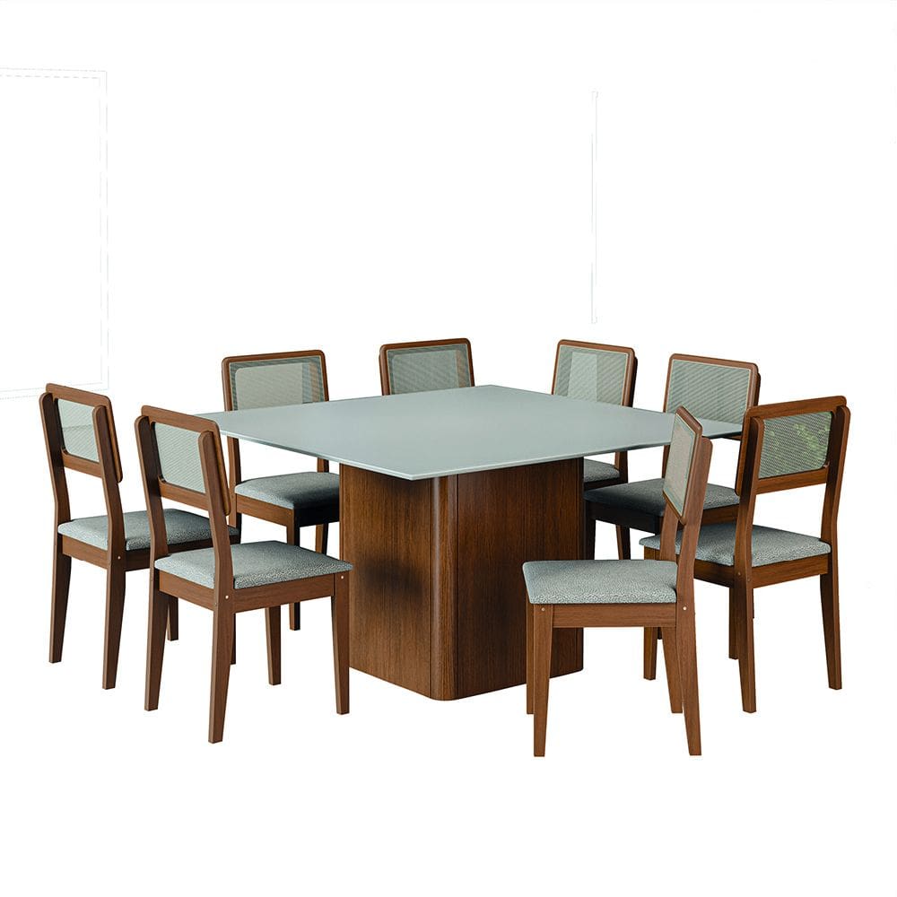 Conjunto Sala de Jantar Mesa Quadrada Montevideo 1,36m C/ 8 Cadeiras Santiago Madeirado/Off White