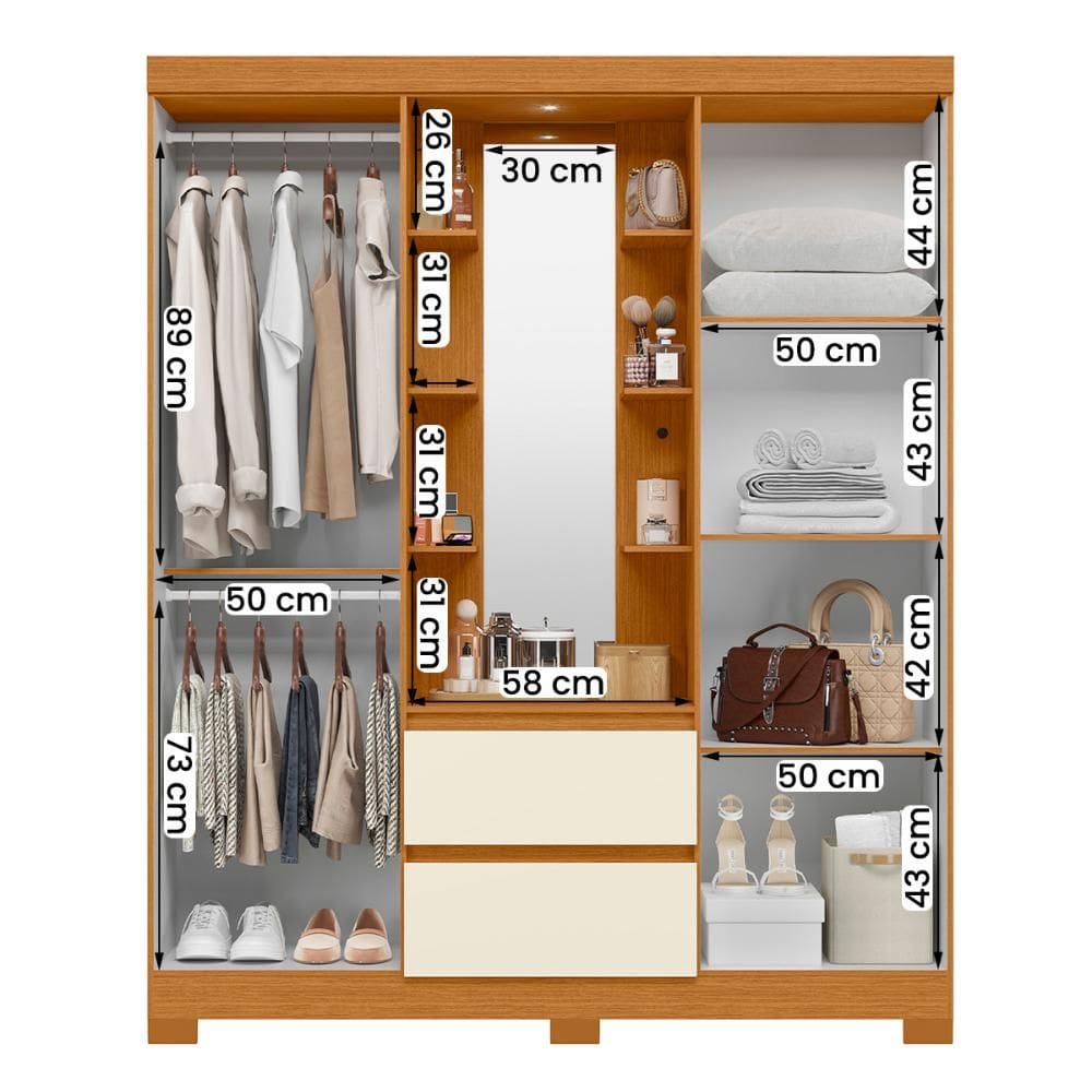 Guarda Roupa Olimpia 163cm 4 Portas Espelho LED 2 Gavetas