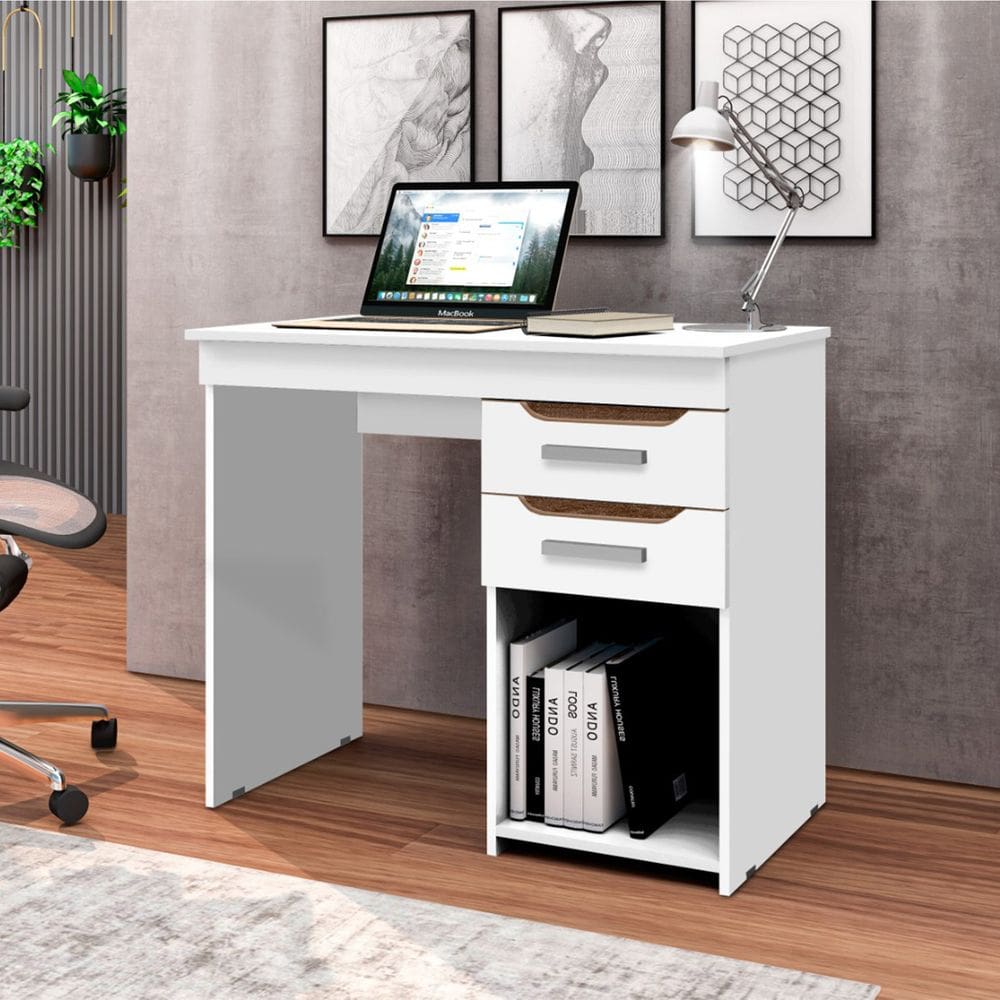 Mesa de Escritório Home Office Veneza 90cm com 2 Gavetas - Branco