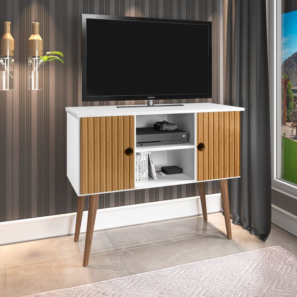 Estante Rack Viena Clássico 90cm com Portas - Branco/ripado