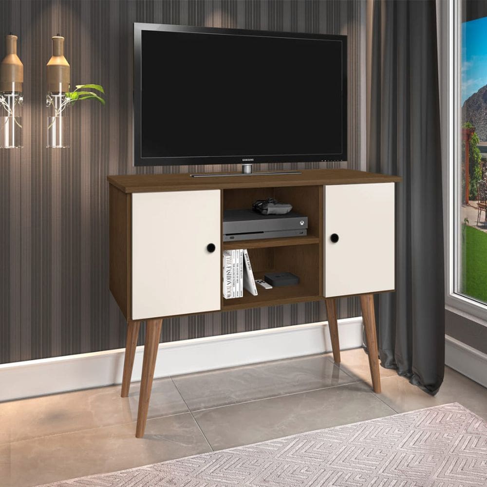 Aparador Rack Multiuso Viena para Tv 40 Polegadas 2 Portas Pés em Madeira Maciça Imbuia e Off White