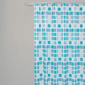 Cortina Para Box Banheiro PVC Antimofo 198x180cm - Ladrilho Azul e Branco