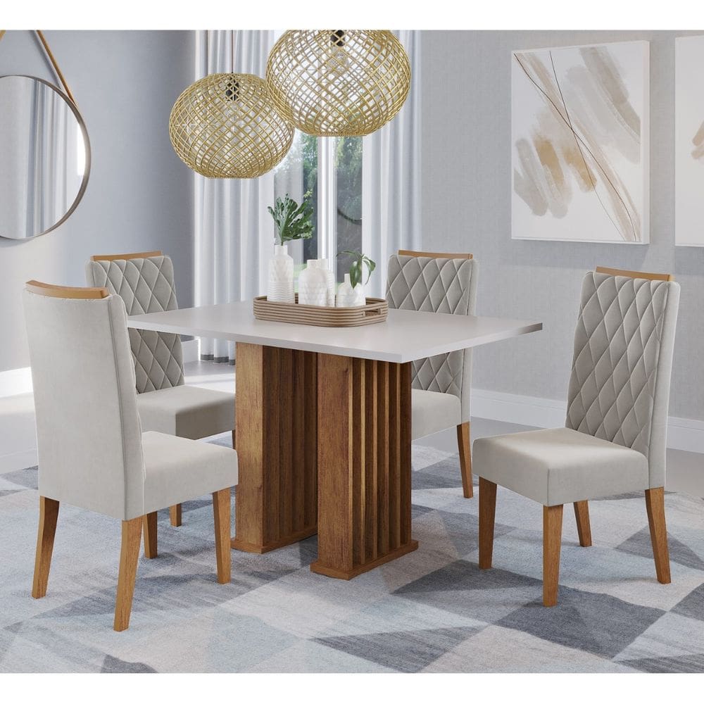 Conjunto Sala de Jantar Santorini Mesa 120x80cm sem Vidro e 4 Cadeiras Iza Cobre/Blonde/Pastel - Casa Giulia