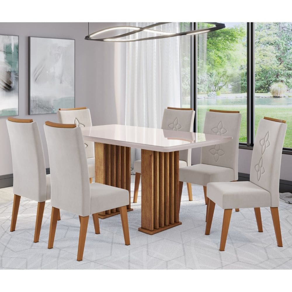 Conjunto Sala de Jantar Laurent 160x90cm Tampo com Vidro e 6 Cadeiras Flora Cobre/Off White/Pastel - Casa Giulia