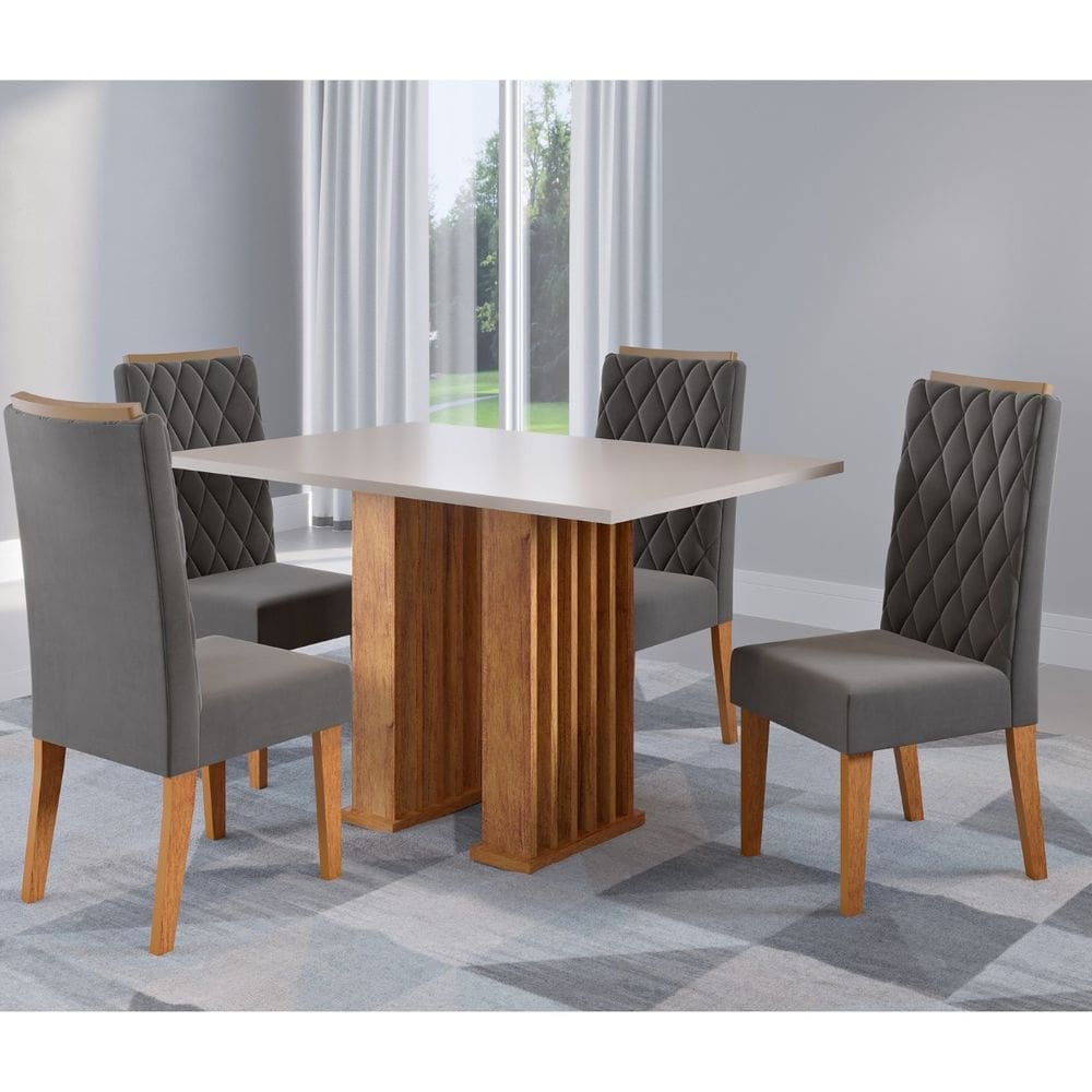 Conjunto Sala de Jantar Santorini Mesa 120x80cm sem Vidro e 4 Cadeiras Iza Cobre/Blonde/Cinza - Casa Giulia