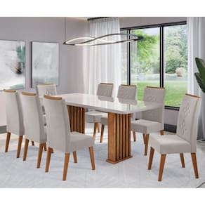 Conjunto Sala de Jantar Zuri Mesa 200x90cm Tampo Com Vidro e 8 Cadeiras Flora Cobre/Off White/Pastel - Casa Giulia