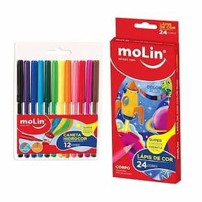 Lapis De Cor 24 Cores + Canetinha Hidrocolor 12 Cores Molin