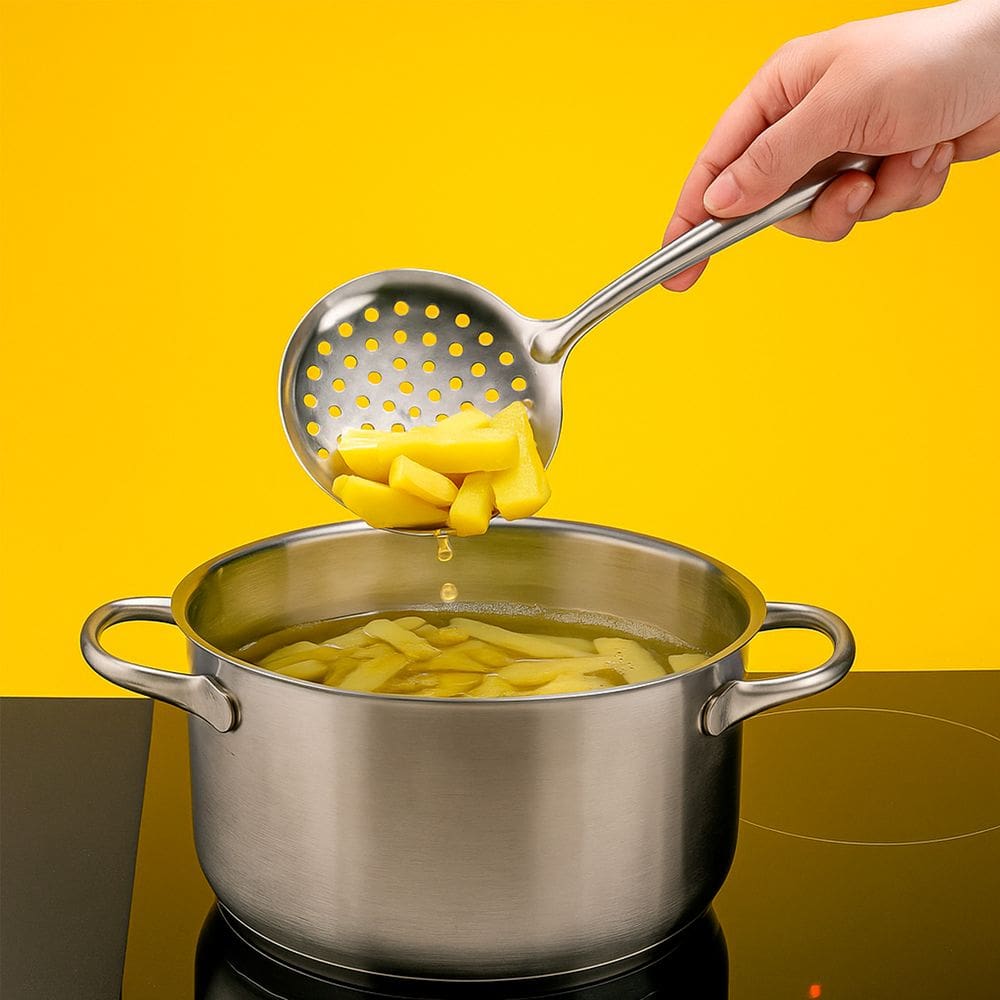 Escumadeira p/ Fritura em Aço Inoxidável Maciço 33 cm Arroz Gourmet sem Emendas Reforçada