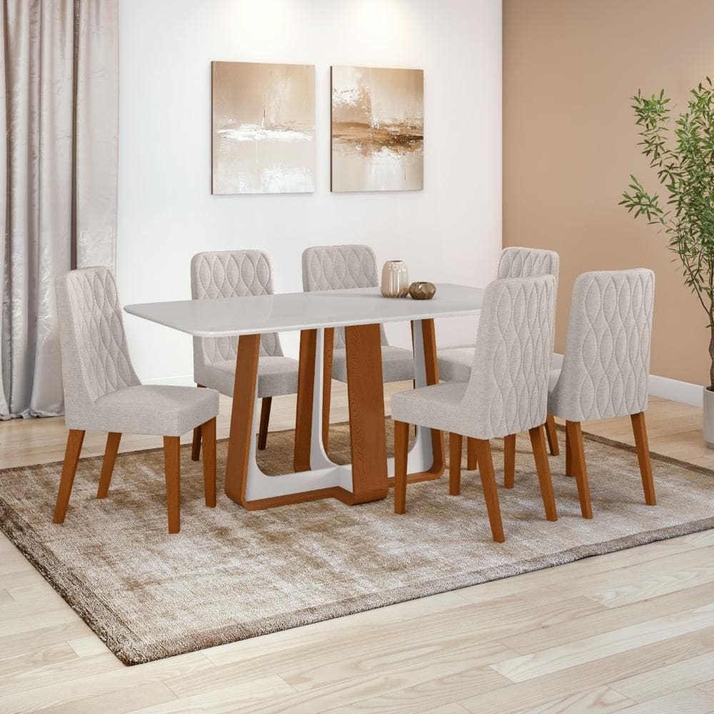 Conjunto Sala de Jantar Mesa Easy Pop 170x90cm Tampo Vidro/MDF com 6 Cadeiras Seat Linho Mosaico Cinza Frassino/Off White