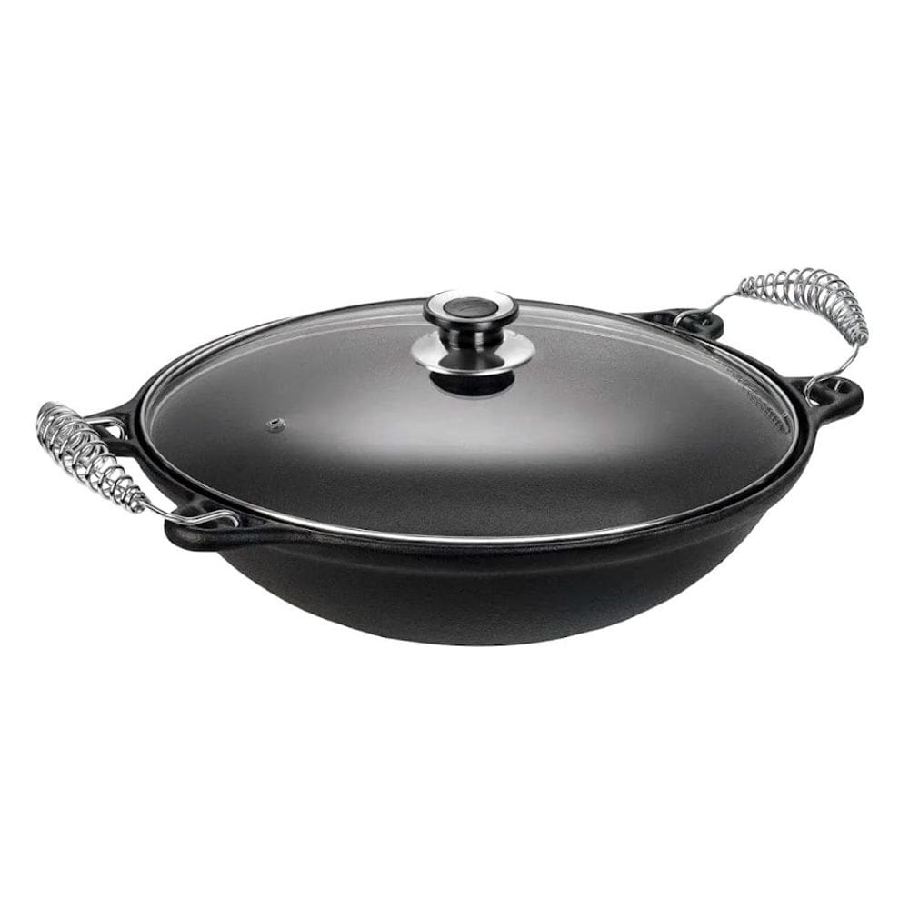 Panela Mineira Wok em Ferro Alça Espiral Tampa Vidro 36cm 6L