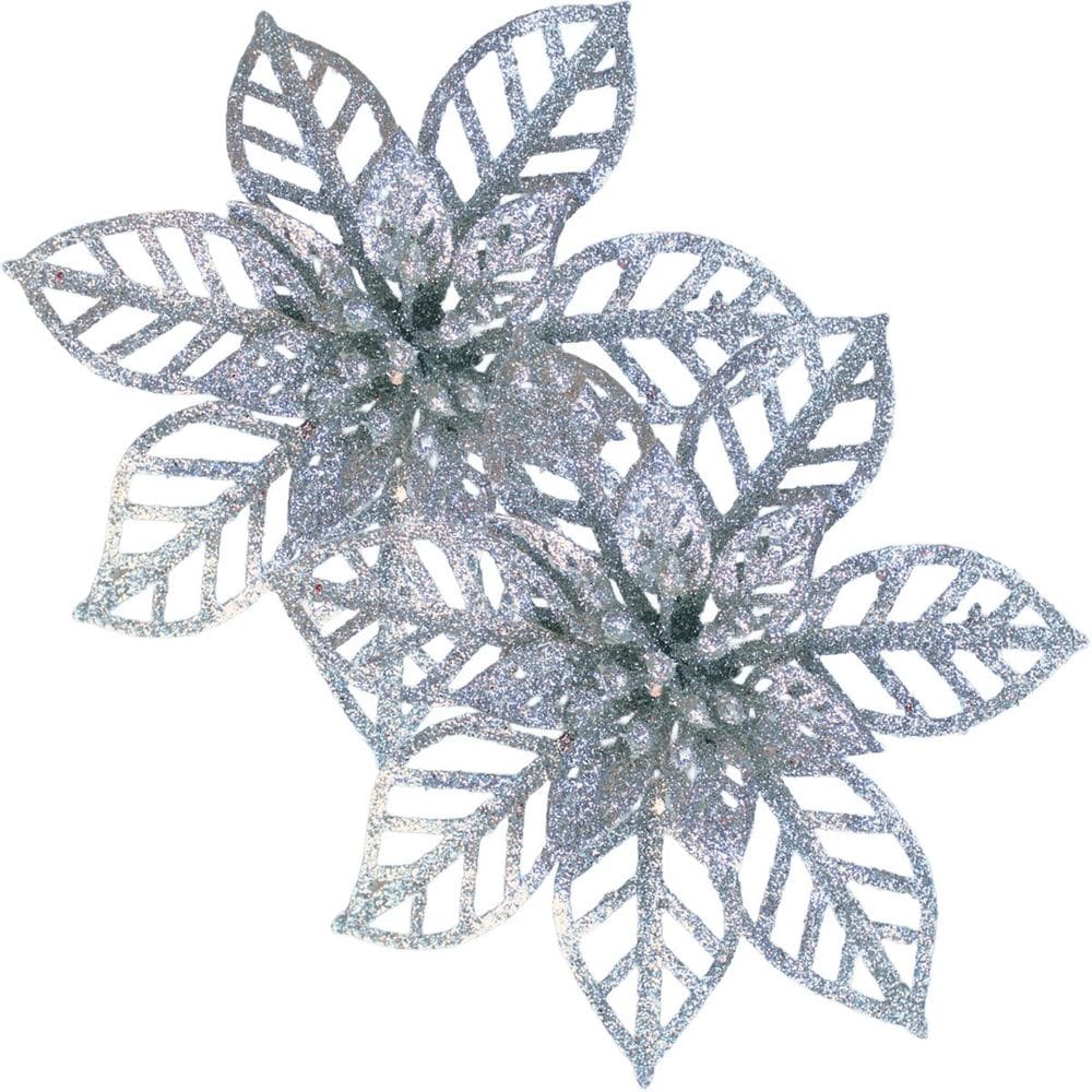 Kit 20 Flores Prata Gliter Decoração Árvore De Natal De 14cm