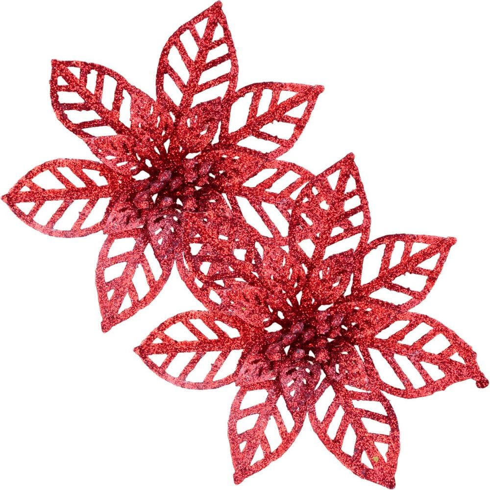 Kit 12 Flores Vermelha Gliter Decoração Árvore De Natal 14cm