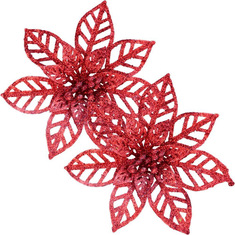 Kit 8 Flores Vermelha Gliter Decoração Árvore De Natal 14cm