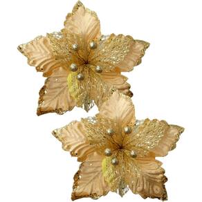 Kit 4 Flores Artificial Glitter Dourado Enfeite Natal 25cm