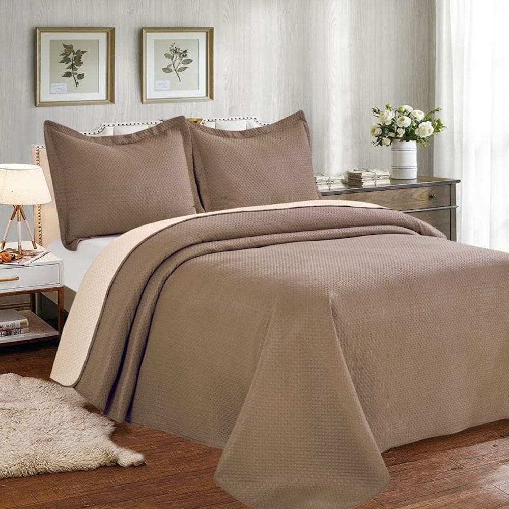 Colcha Cobre Leito Queen Poliéster Dupla Face 3pcs Marrom
