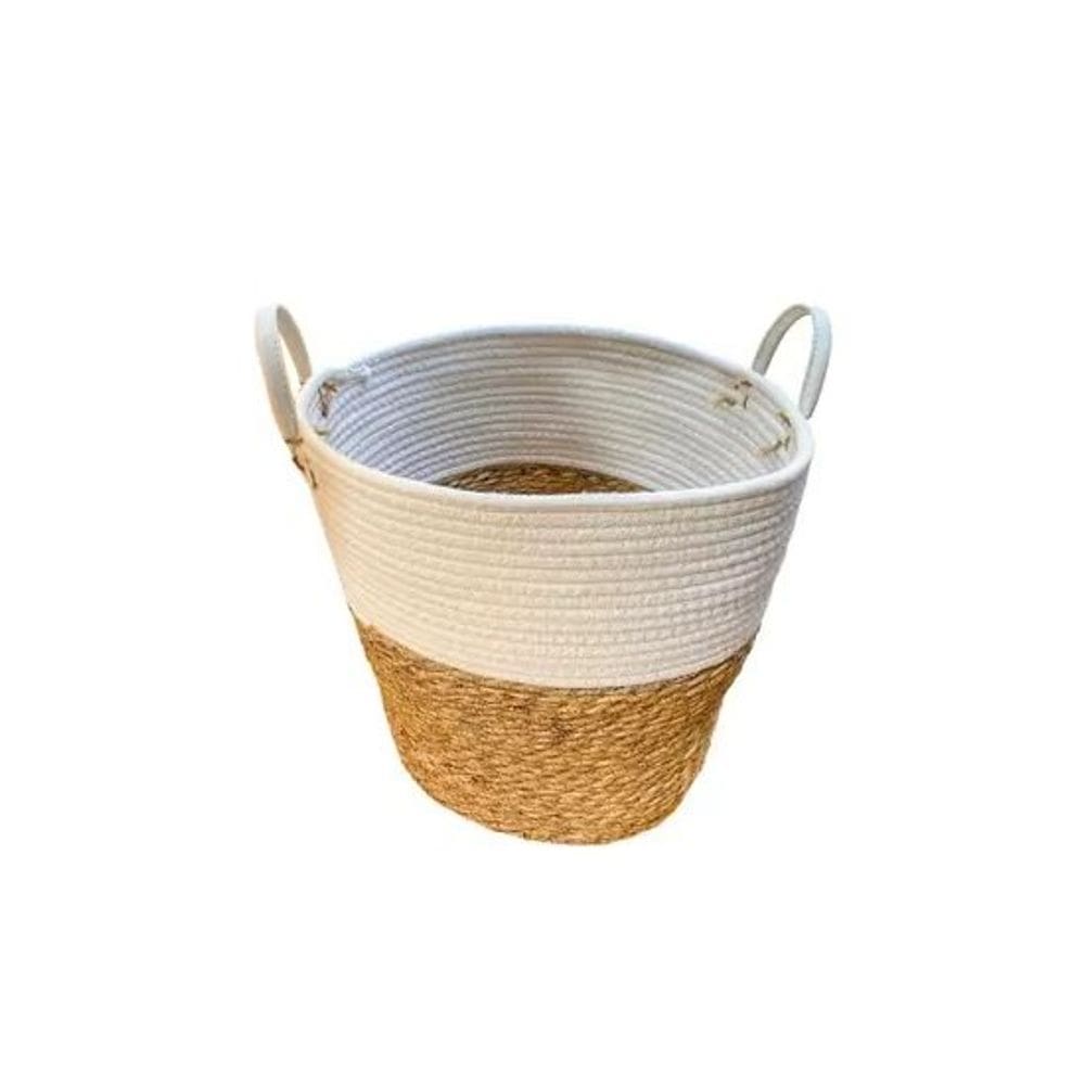Cesto Philippe Redondo De Seagrass Natural Com Alça De Couro - Jolitex MEK - G