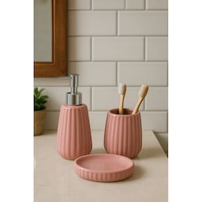 Kit Banheiro de Cerâmica 3 Peças Rosa com Prata  - Rosa