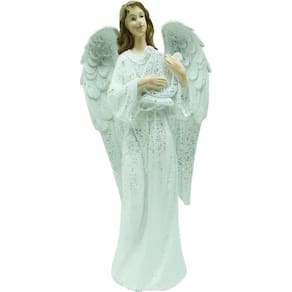 Decoração Anjo Musico Harpa Branco Resina Enfeite Natal 38cm