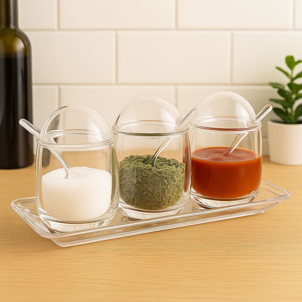 Conjunto 3 Potes Acrílico com Suporte e Colheres - Jolitex MEK - Transparente