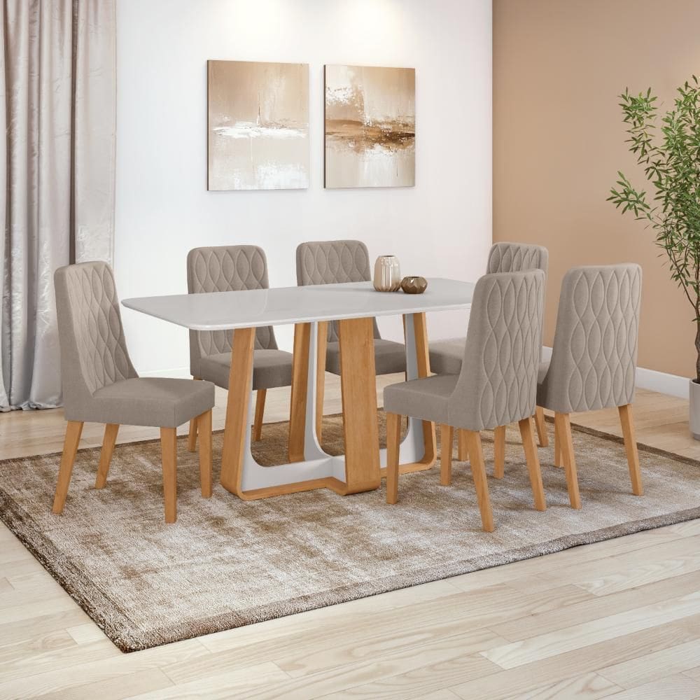 Conjunto Sala de Jantar Mesa Easy Pop 170x90cm Tampo Vidro/MDF com 6 Cadeiras Seat Suede Animale Bege Amendoa/Off White
